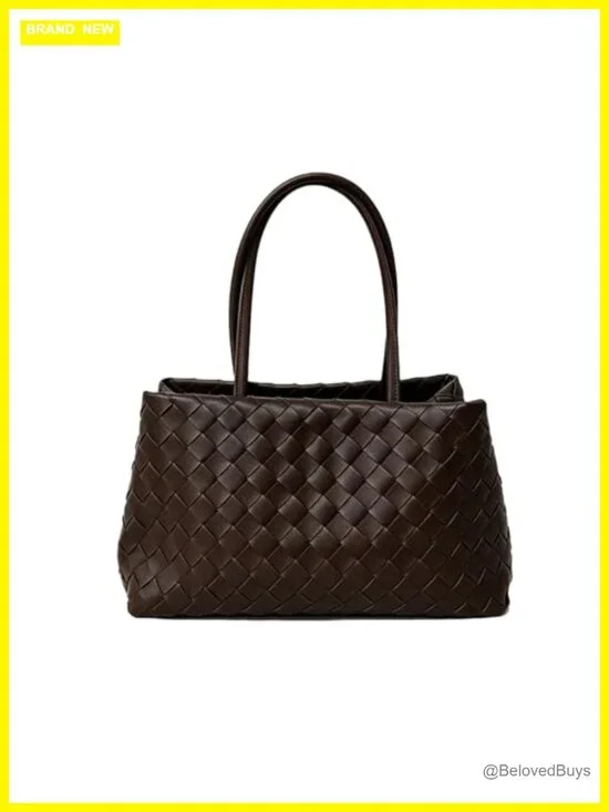 Woven Tote Bag, Vegan Leather Shoulder Bag with Zipper, Slouchy Handbag