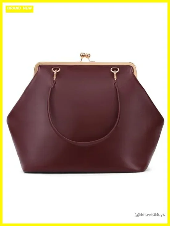 Large PU Leather Kiss Lock Tote Shoulder Bag Top Handle Clutch