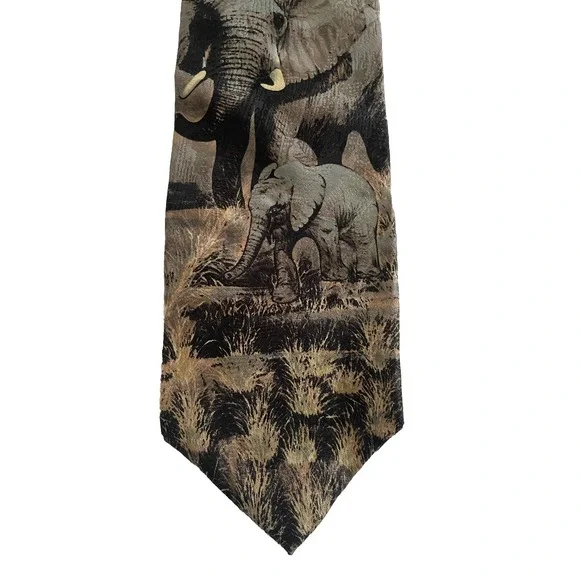 Vintage Endangered Species Tie‎ Elephant 100% Silk Made In USA