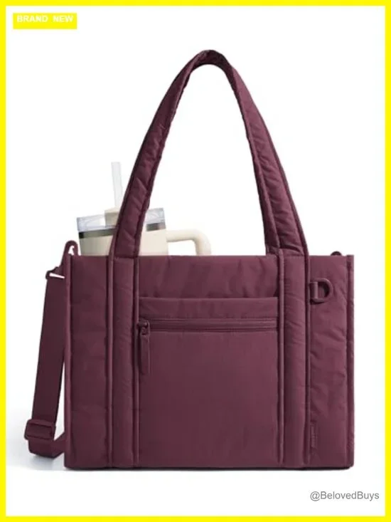 Quilted Nylon Tote Bag with Laptop Compartment, Crossbody, Travel Work College