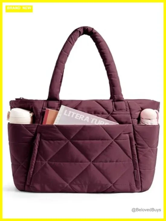 Puffer Tote Bag with Zipper, Large Quilted Shoulder Bag, Laptop Compartment,