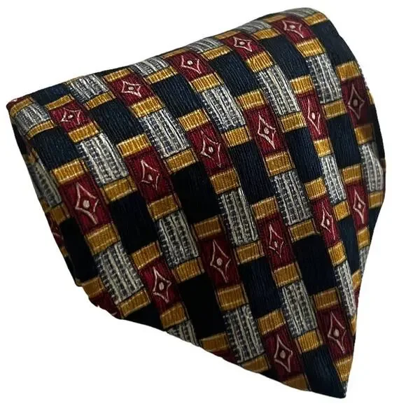 Krizia Uomo Italy Blue Red Yellow Rectangle Diamond Geometric Silk Tie