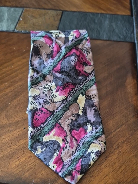J. Garcia Multicolor Abstract Silk Tie in Pink, Green, Brown, Yellow