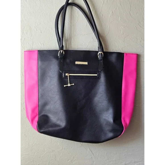 Juicy Couture Black‎ Pink Tote Bag Gold Hardware Zip Pocket Shoulder Bag