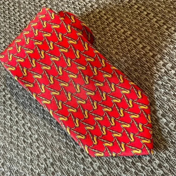 Dormeuil Silk‎ Tie Red Saxophone Pattern Hand Musician Italy Men's Neckwear