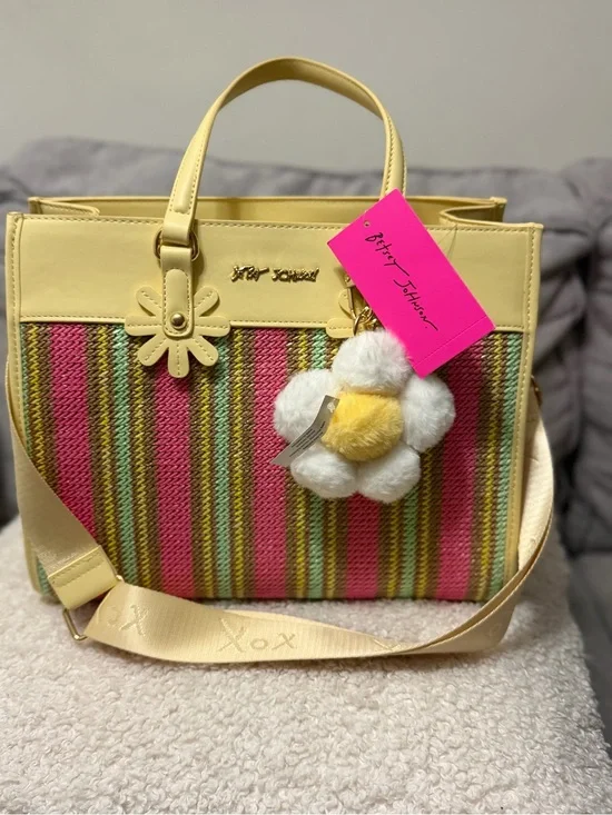 Betsey Johnson Yellow Multi-Stripe Tote with Flower Pom