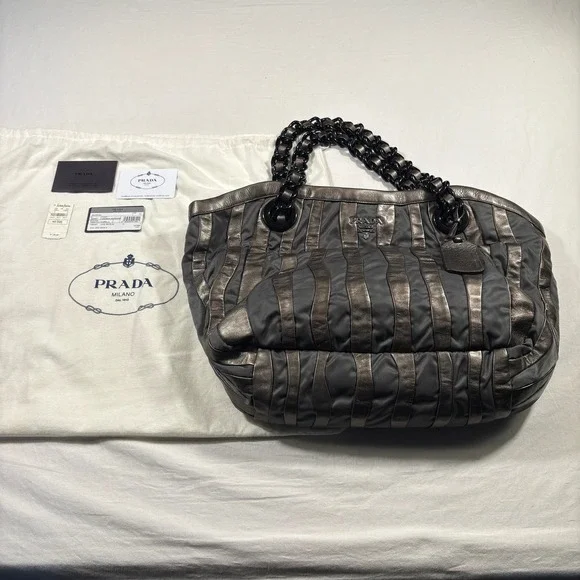 Prada Metalic Napa Tessuto Nylon Mordore Striped Pre-Owned Metallic Chain‎ Tote
