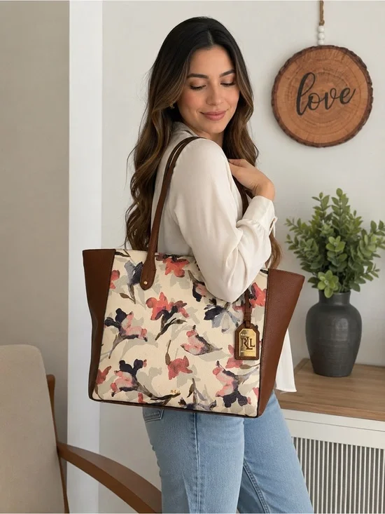 Ralph Lauren Floral Canvas Tote in Cream, Brown, Pink and Navy