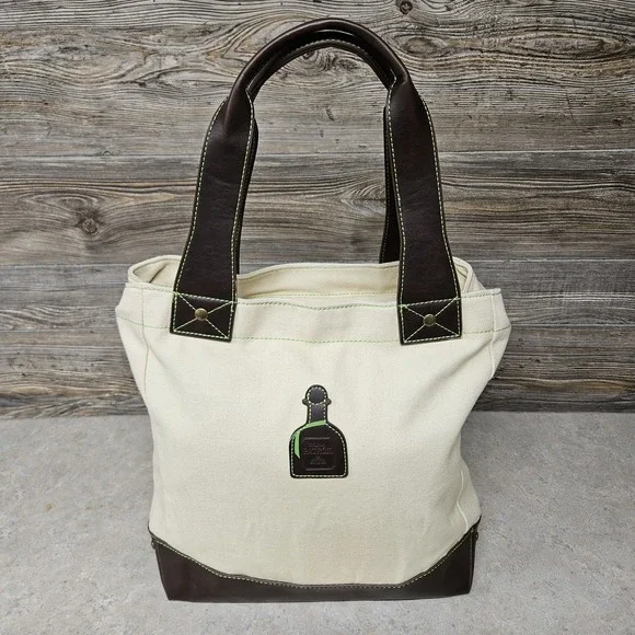 Patron‎ Tequila Canvas Tote Bag Brown Leather Trim Green Lining Insulated Pocket