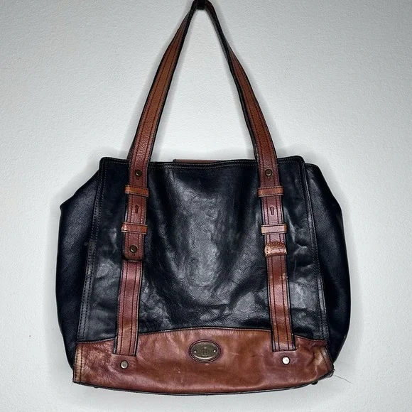 Fossil Long Live Vintage Leather Tote, Blk/Brown Leather‎