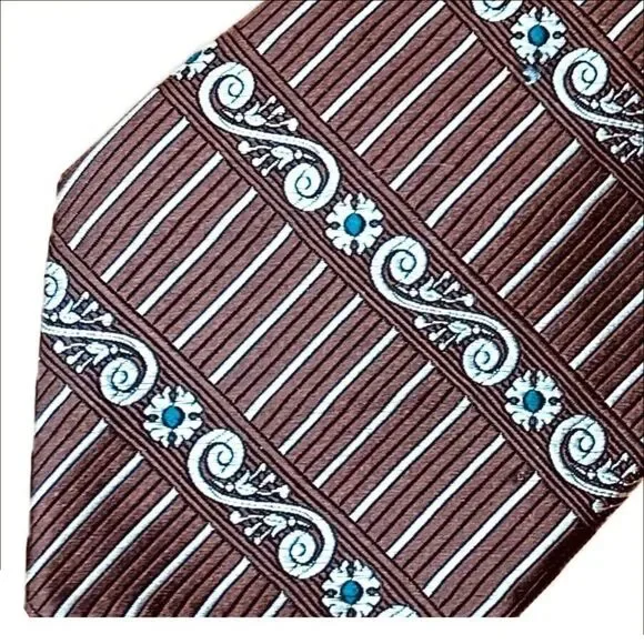 Pierre Cardin Silk Tie Brown Beige Green‎ Scroll Stripe Geometric Print Necktie