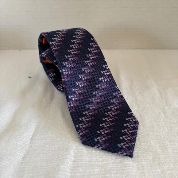 Tallia Mens‎ Navy Blue Geometric Diamond Silk Necktie 3 Inch Width 121148