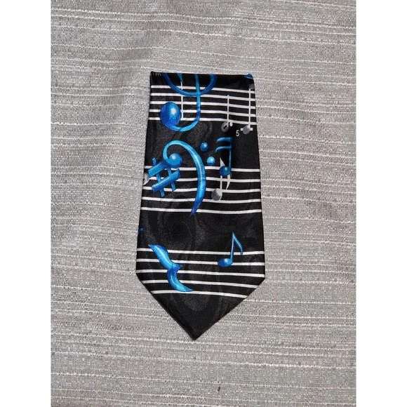 Steven Harris Mens Blue Musical Notes Treble Clef Black Silk Look Novelty Tie