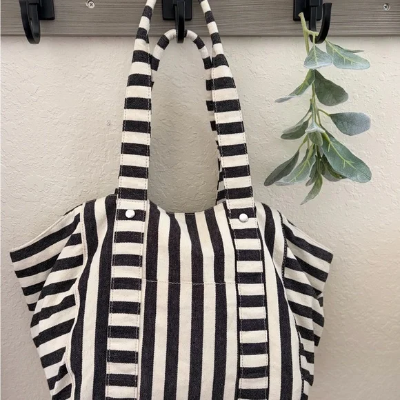 Rae Dunn Black White Striped Canvas Tote Bag, Farmhouse Shoulder Bag