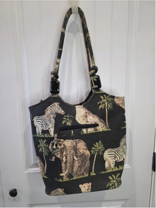 Safari Animal Print Cotton Tote Bag Elephant Zebra Palm Trees Zip Closure Pocket