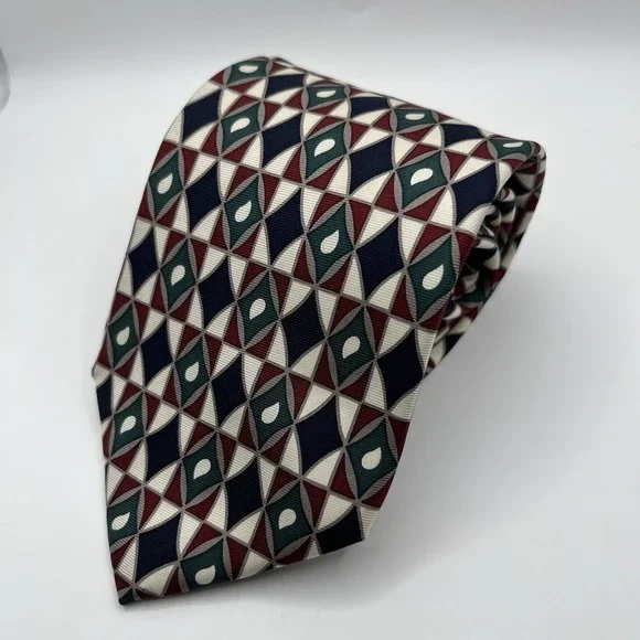 Brooks Brother USA Silk Tie Geometric Pattern Burgundy Green Black