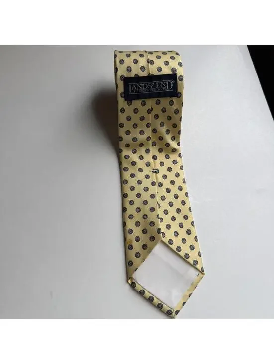 Vintage Lands’ End 100% Silk Necktie Made in USA Yellow Floral Medallion Tie