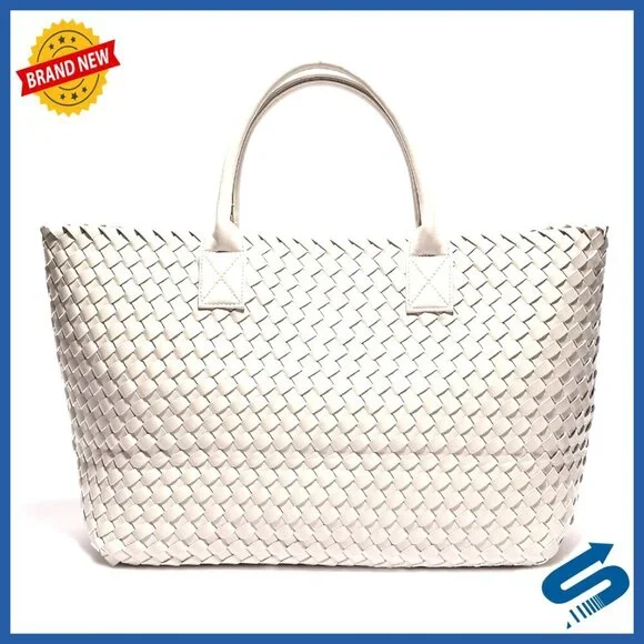 Large Capacity Vegan Leather Tote Bag Woven Detail Shoulder Bag Retro Chic