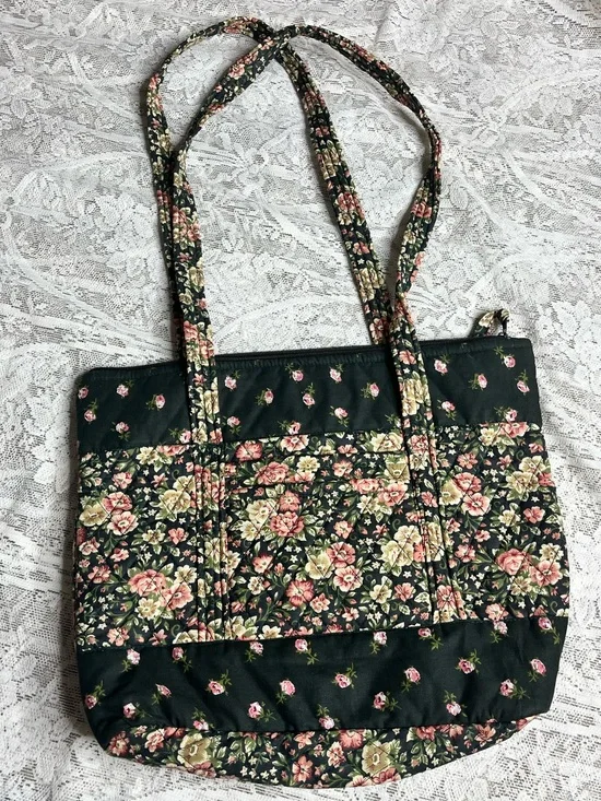 Floral Quilted 100% Cotton Tote Bag - Black with Pink & Cream Flowers