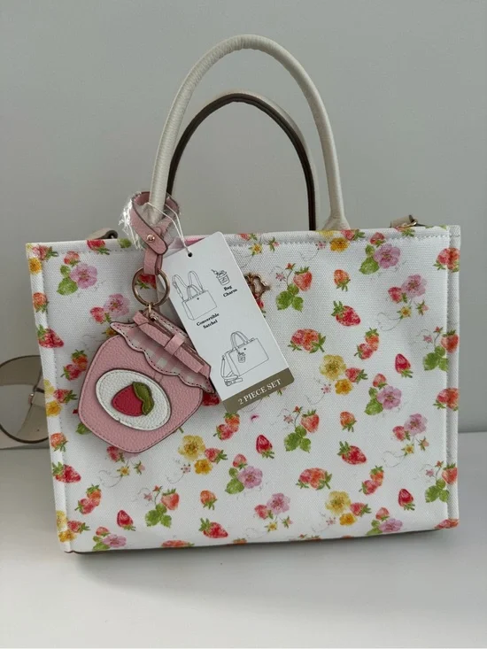 Floral Canvas Tote with Pink Charm - Women Bags