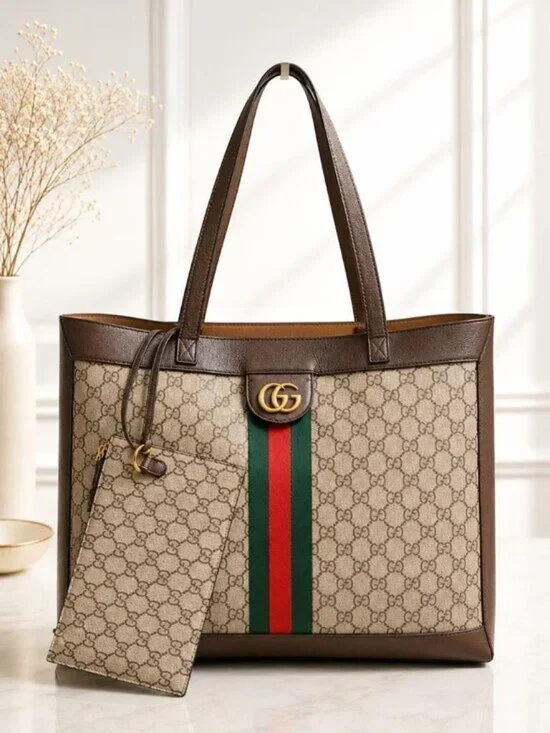 Authentic Gucci Ophidia GG Supreme Large Tote Bag Web Stripe w/ Pouch Bag