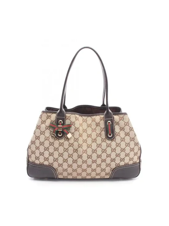 Gucci Tote Prince Sherry Line Beige Dark Brown Canvas Leather Ribbon