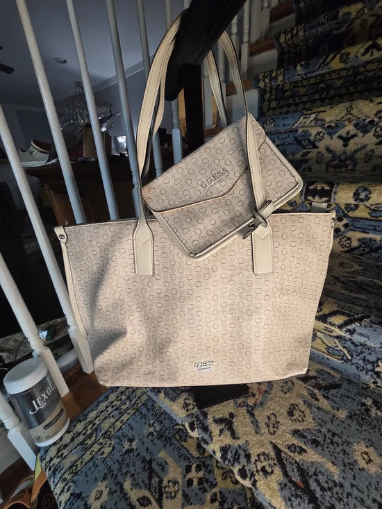 GUESS Light Beige Monogram Tote with Matching Wallet