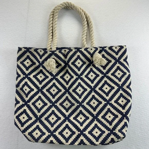 Summer & Rose Navy Blue Geometric Canvas Tote Bag Rope Handle Nautical Beach Bag