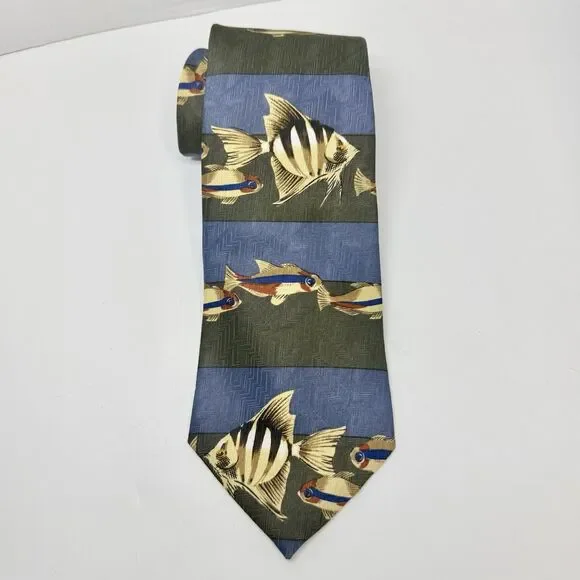 Puritan Special Edition Blue Green Brown Fish Print Polyester Neck Tie