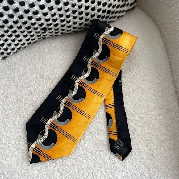 Vintage Mod Retro Silk Handmade in Korea Tie Black Gold Yellow