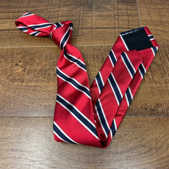 Allen Edmonds Collection Red & Navy Striped 100% Silk Necktie USA
