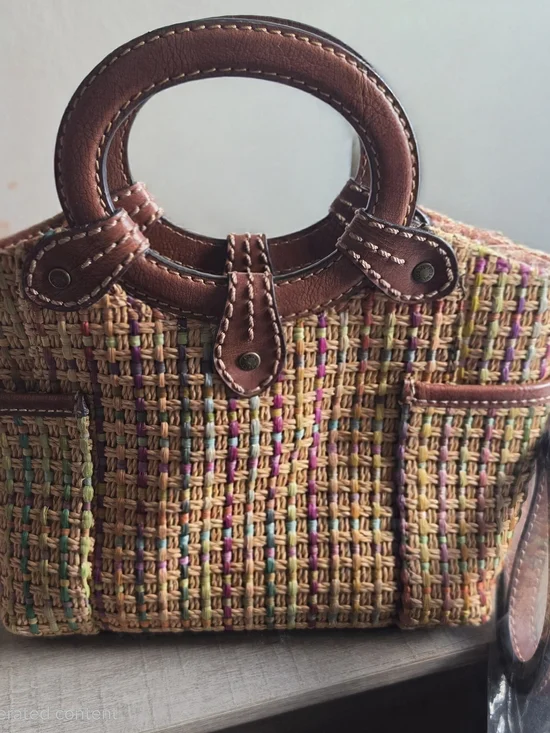 Vtg Woven Multicolor Pink Purple Green Straw Tote Brown Leather Handles & Strap