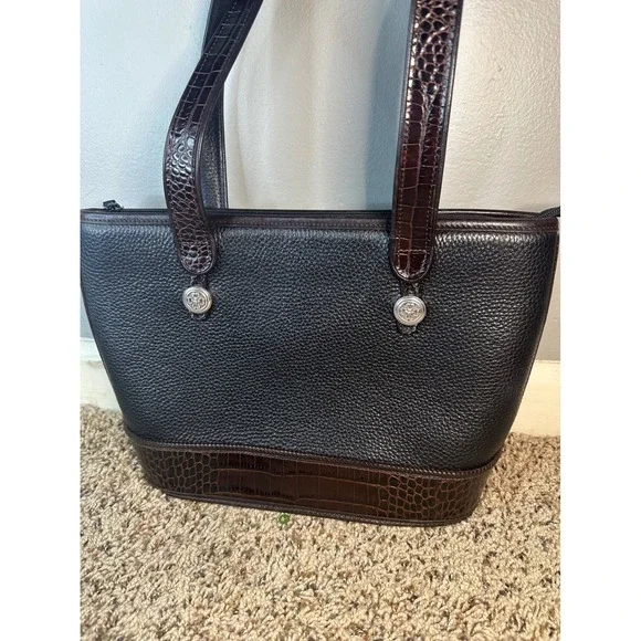 Brighton Black Pebbled Leather Croc Trim Tote Bag Floral Lining A510698