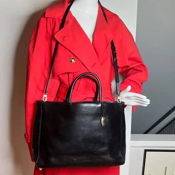 Furla Black Leather Tote Laptop Bag with Shoulder Strap