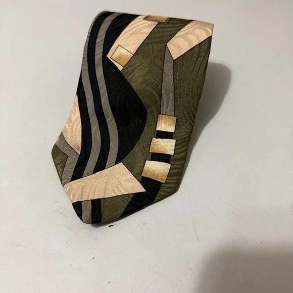 Pierre Balmain Paris Mens Vintage 80s Silk Tie Green Geometric Abstract