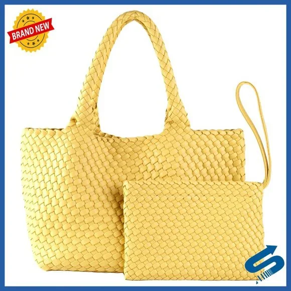 Vegan Leather Handwoven Tote Bag with Small Purse Large Braided Top Handle