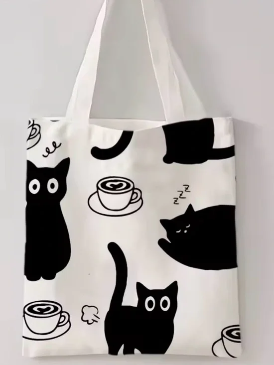 Black and White Cat and Coffee  Tote Linen Canvas Bag