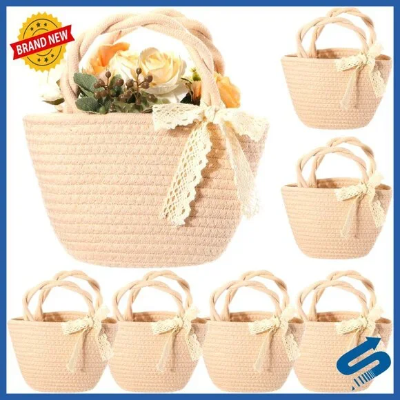 Cotton Rope Woven Tote Bag with Lace Bow Reusable Gift Bags for Weddings