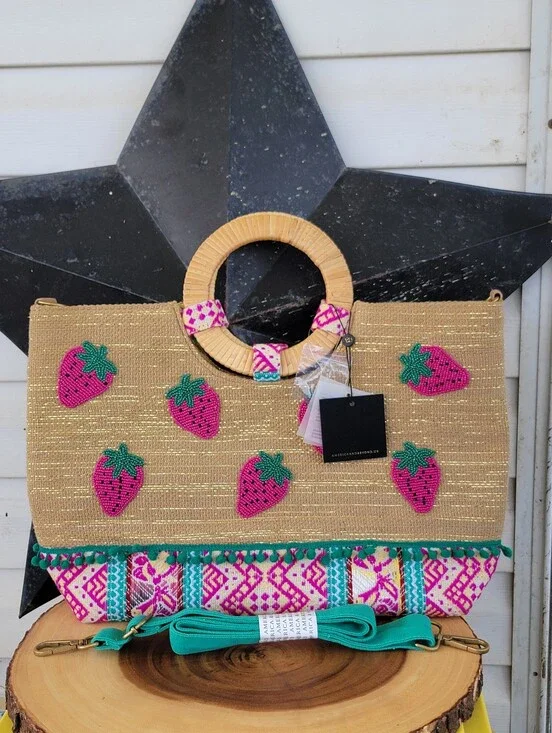 Authentic American & Beyond Straw and Jute Woven Tote with Pink Strawberries