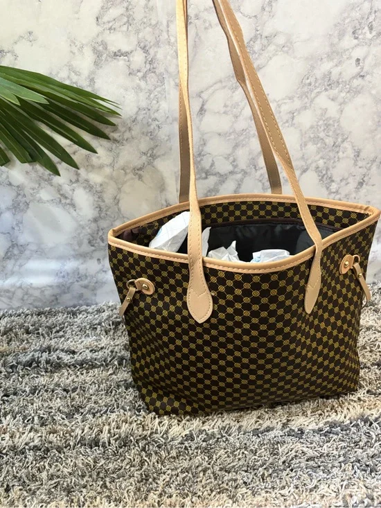 Brown Patterned Tote Bag with Tan Trim