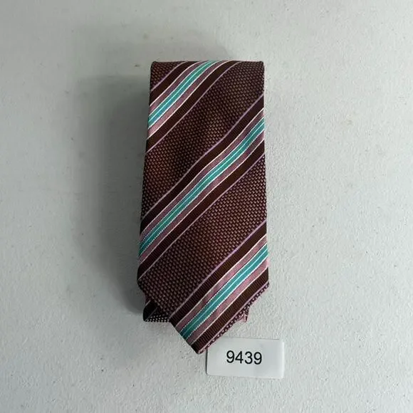 Ermenegildo Zegna Silk Neck Tie Geometric Striped Brown Pink Blue