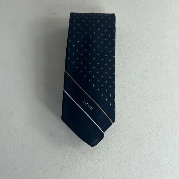Lanvin Paris Necktie Men's Navy Blue Striped Pin Dot Logo