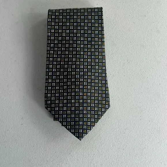 Lauren Ralph Lauren Men's Necktie Blue Yellow Geometric 100% Silk Hand Finished