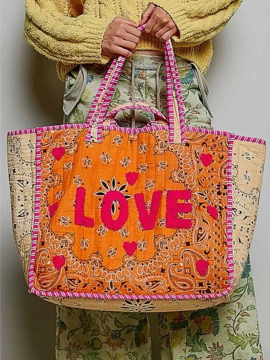 POL LOVE Embroidered Orange & Pink Quilted Cotton Tote Bag