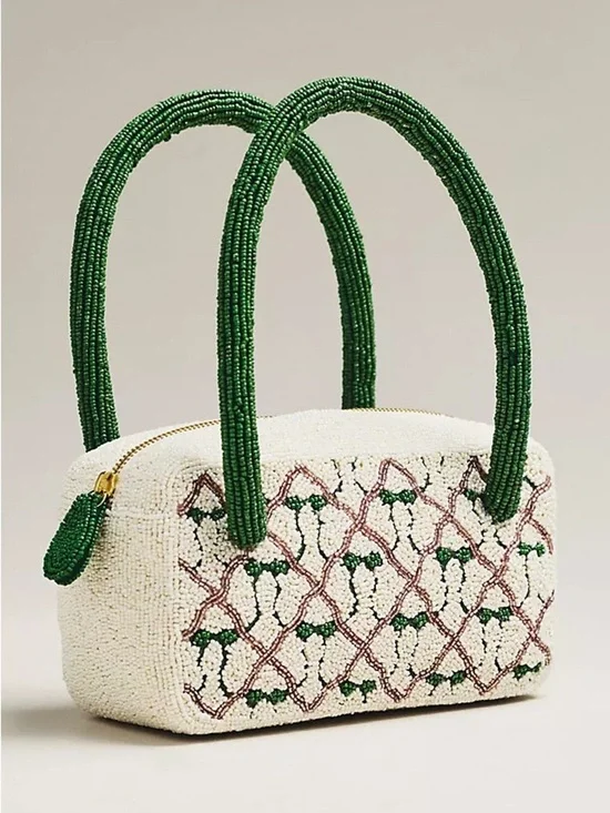 NWT new Anthropologie beaded box shaped shoulder bag green bows white