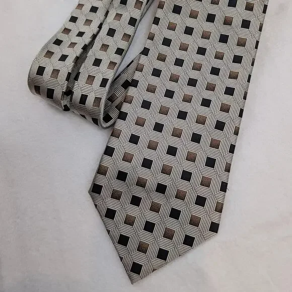 Valerio Garati Hand Made Pure Silk Geometric Square Pattern Tie Silver Bronze