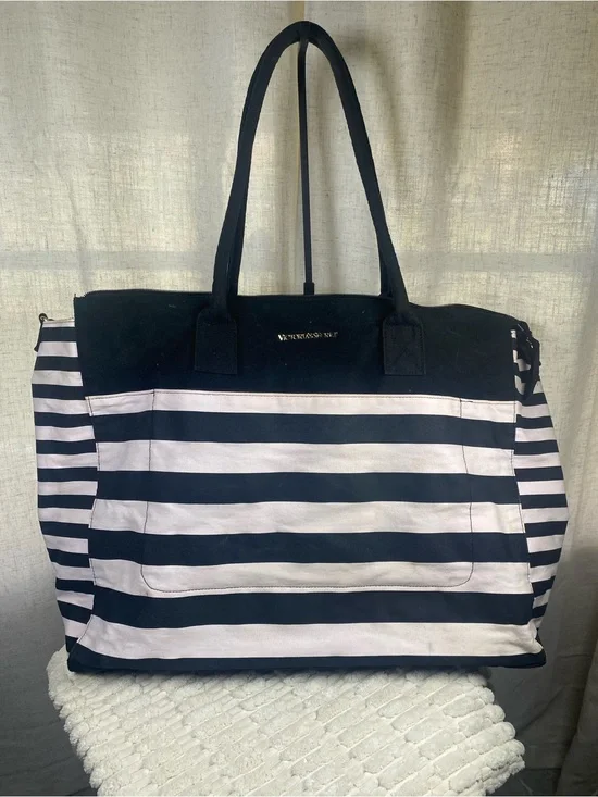 Victoria’s Secret Pink Black Striped Weekender Tote Bag Large Canvas Getaway
