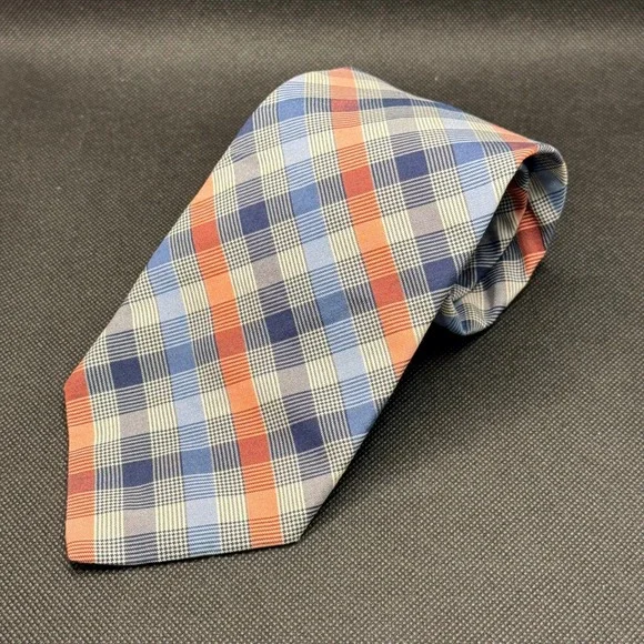 Vintage Brooks Brothers Blue Orange Plaid Silk Tie 4