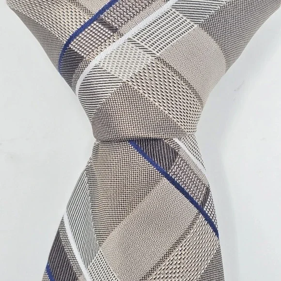 Michael Kors Mens Grey Plaid Silk Necktie Blue Accent Textured Formal Tie