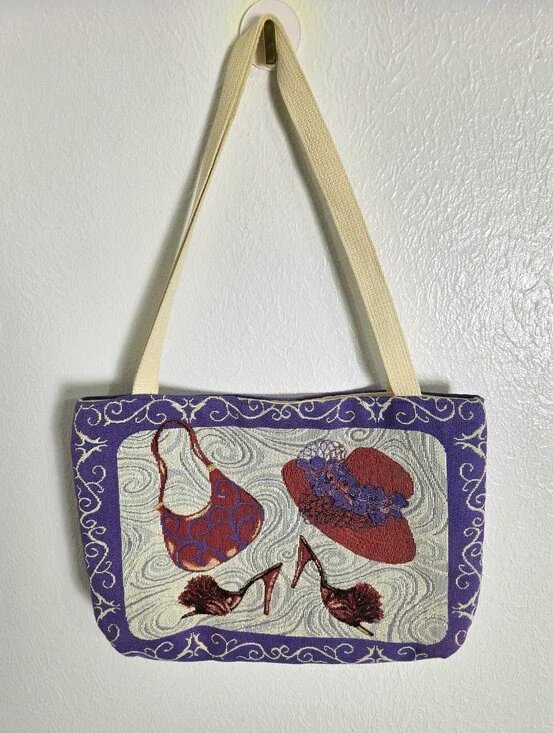 Cream & Purple Tapestry Style Tote Bag with Purse, Hat, Red Heels on Both Sides